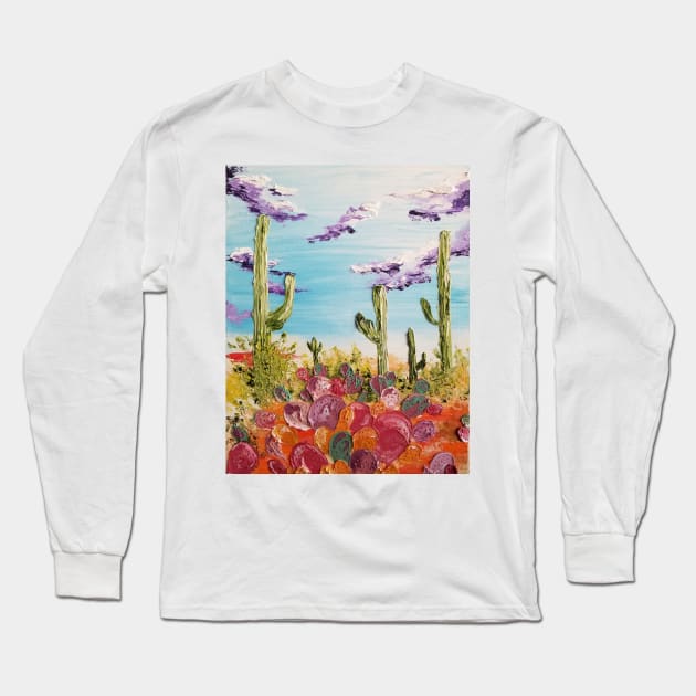 Colorful Desert Landscape, Modern Impressionism Cactus Artwork, Bright Colorful Desert, Desert Scape Long Sleeve T-Shirt by roxanegabriel